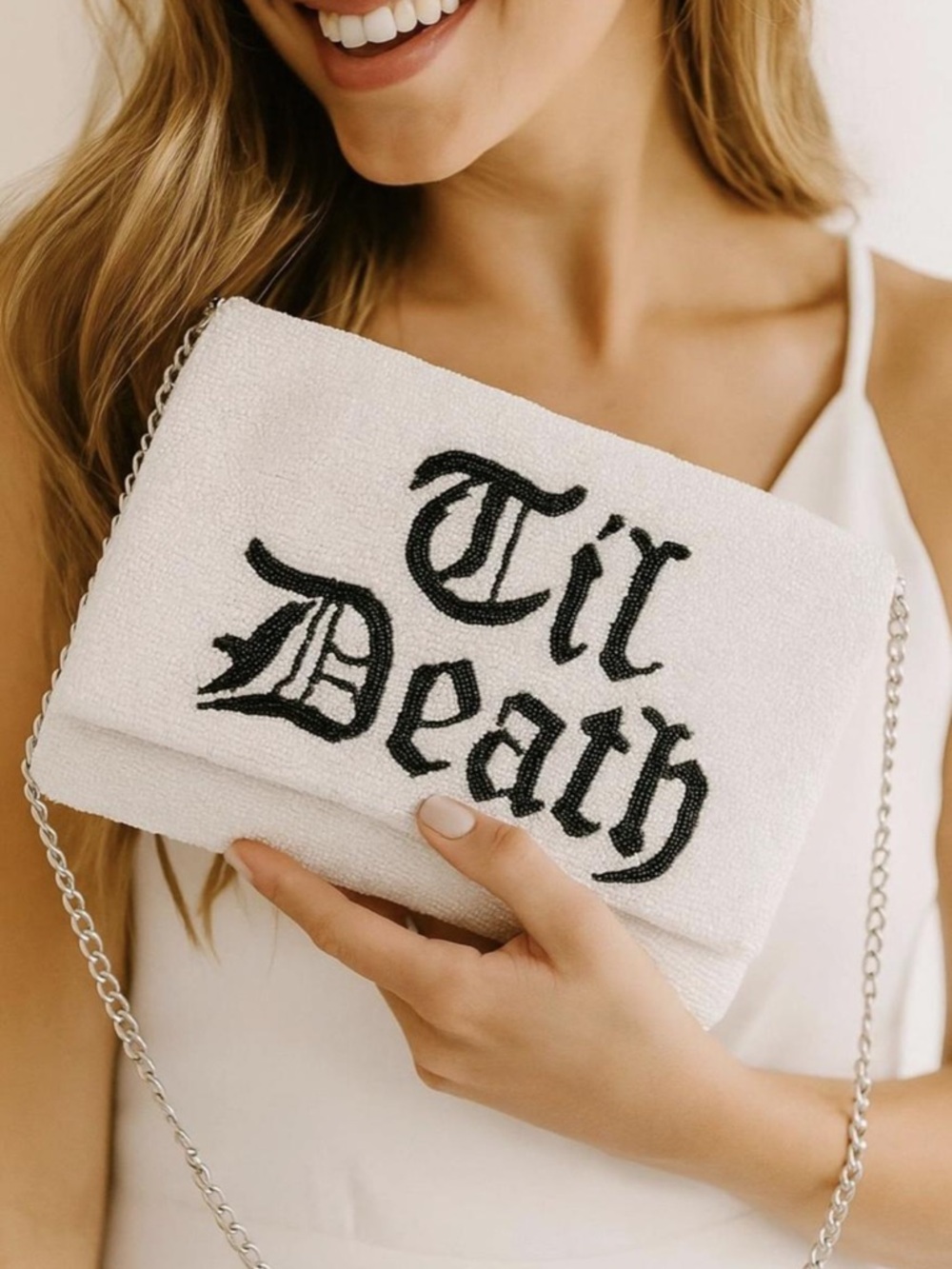 White 'Til Death' Beaded Clutch Bag with Chain Strap